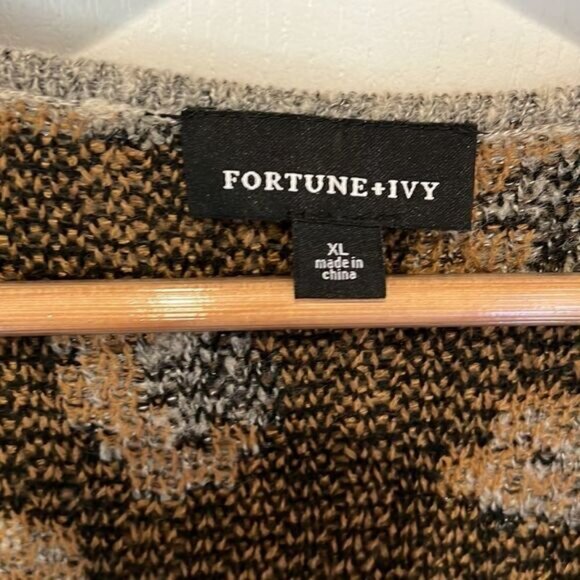 Fortune + Ivy Karrie Long Sleeve long Cardigan sweater gray with leopard - Picture 3 of 6